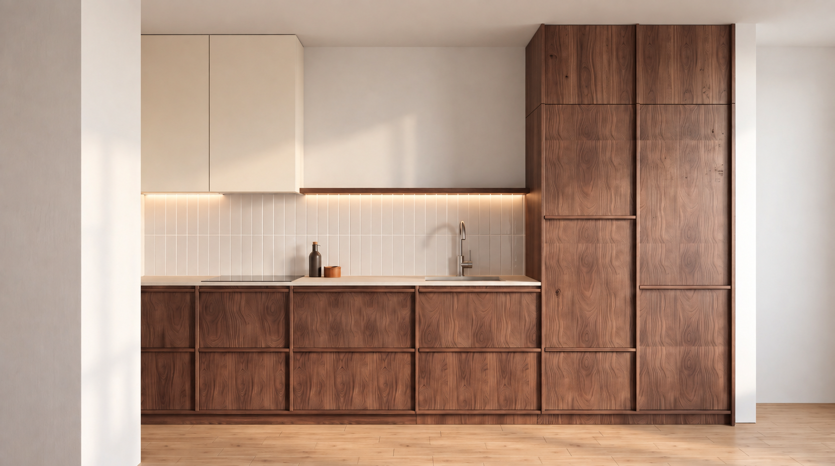 Render kuchni z zabudową z ciemnego drewna